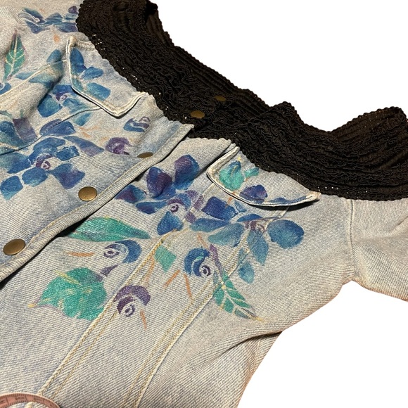 Vintage Denim Handmade Corset Style Repurposed Jeans Top Hand Painted in 80s - Picture 2 of 15